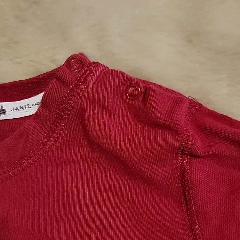 JANIE AND JACK RED LONG-SLEEVE T-SHIRT WITH TRAINS, SIZE 12-18 MONTHS